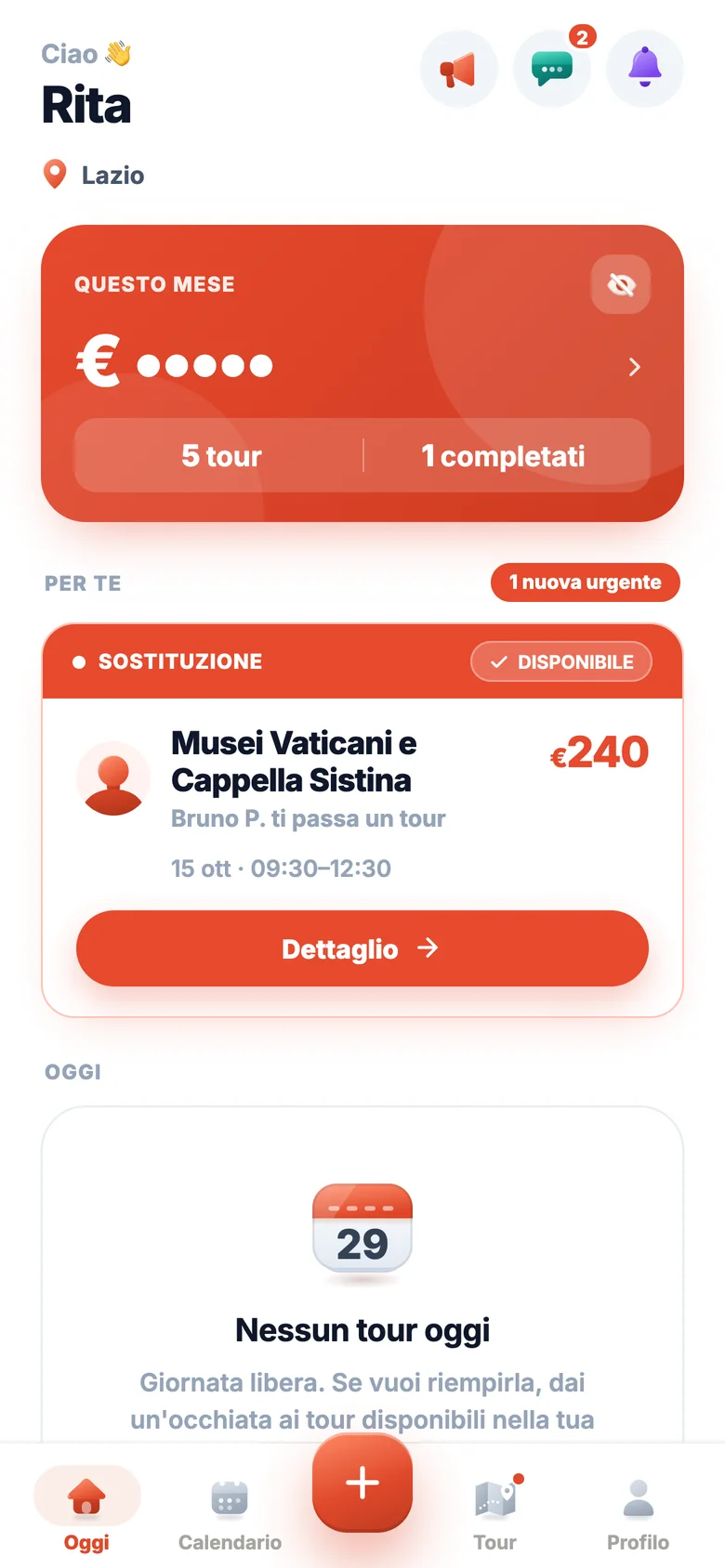 La schermata Oggi dell'app AskTour, con un tour passato da un'altra guida